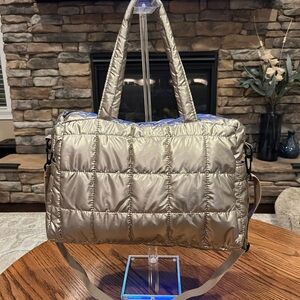 Elegant Metallic Quilted Puffer Tote Bag with Crossbody Strap in Champaign.